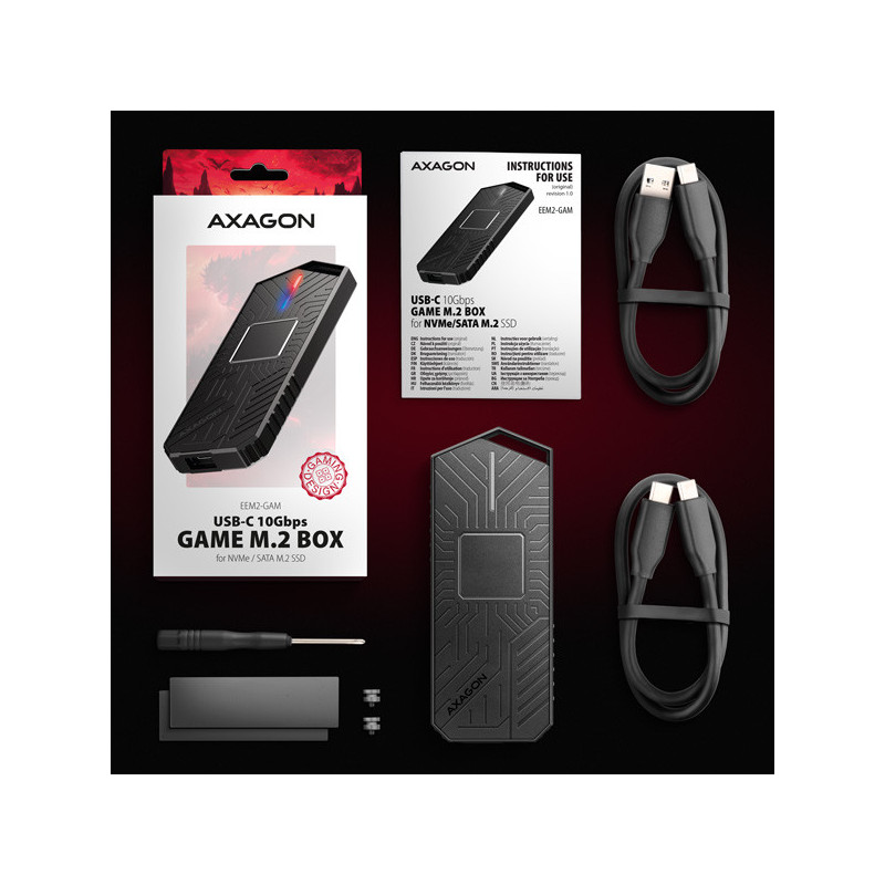 AXAGON EEM2-GAM, USB-C 10Gbps - NVMe & SATA SSD GAME M.2 box, bezskrutkový
