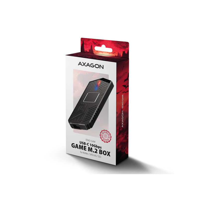 AXAGON EEM2-GAM, USB-C 10Gbps - NVMe & SATA SSD GAME M.2 box, bezskrutkový