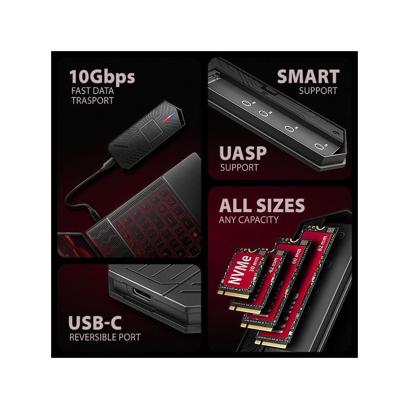 AXAGON EEM2-GAM, USB-C 10Gbps - NVMe & SATA SSD GAME M.2 box, bezskrutkový