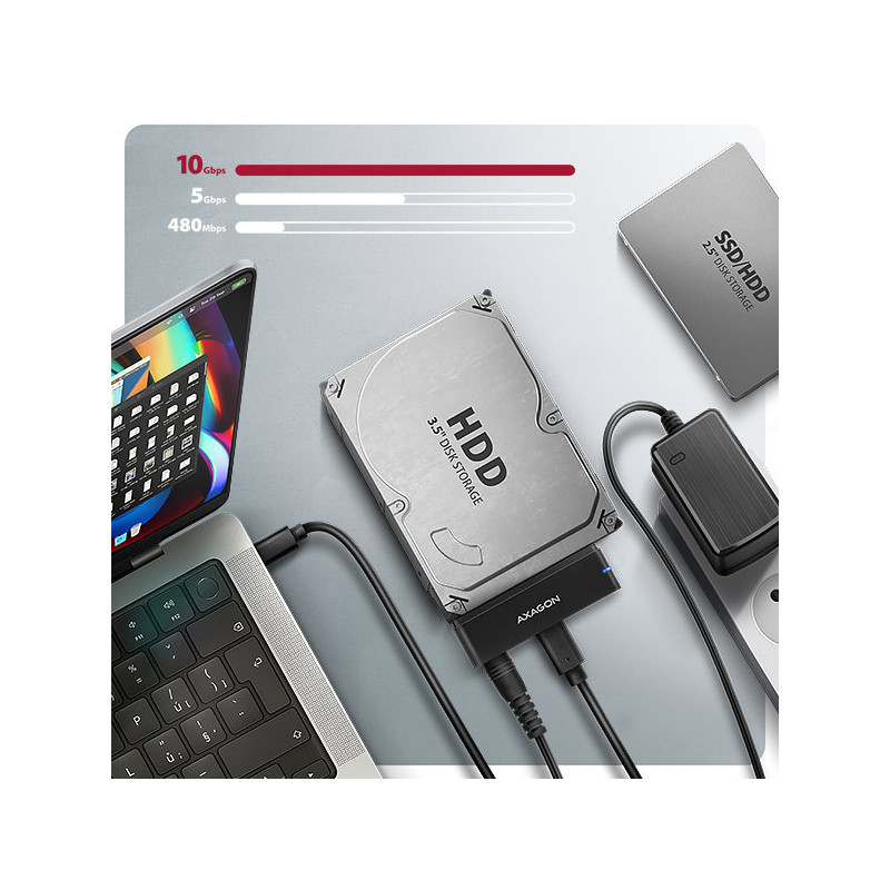 AXAGON ADSA-FPX, USB-C 10Gbps - SATA 6G, 2.5 "/3.5" SSD / HDD FAST PORT X adaptér, vr. AC napájače