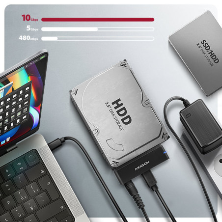 AXAGON ADSA-FPX, USB-C 10Gbps - SATA 6G, 2.5 "/3.5" SSD / HDD FAST PORT X adaptér, vr. AC napájače