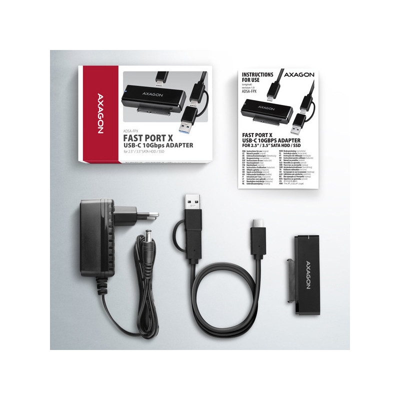 AXAGON ADSA-FPX, USB-C 10Gbps - SATA 6G, 2.5 "/3.5" SSD / HDD FAST PORT X adaptér, vr. AC napájače
