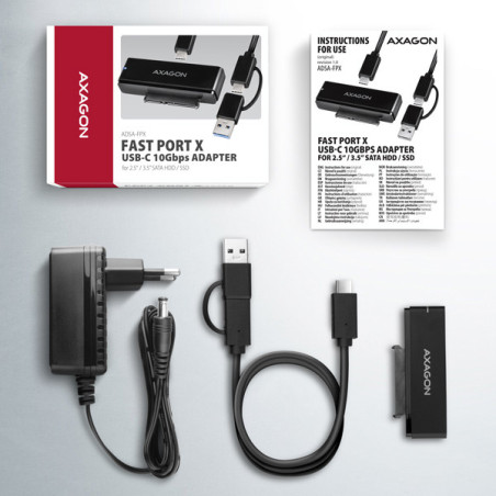 AXAGON ADSA-FPX, USB-C 10Gbps - SATA 6G, 2.5 "/3.5" SSD / HDD FAST PORT X adaptér, vr. AC napájače