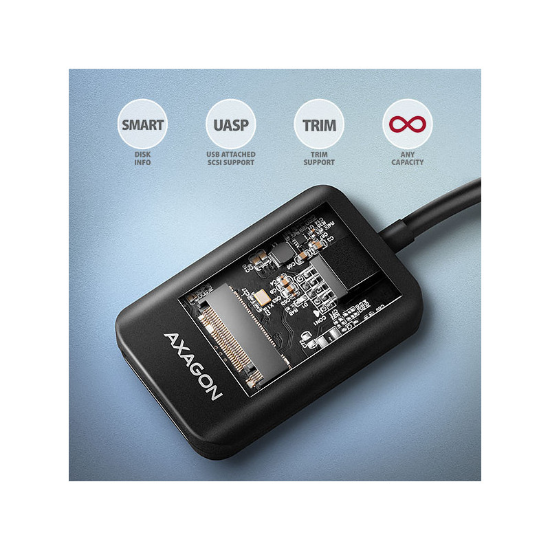 AXAGON ADM2-AM USB-A 10Gbps - M.2 NVMe & SATA SSD adaptér, kábel USB-A 10cm
