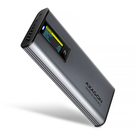 AXAGON EEM2-SD2 10Gbps USB-C - M.2 NVMe & SATA SSD kovový DISPLAY box, bezskrutkový