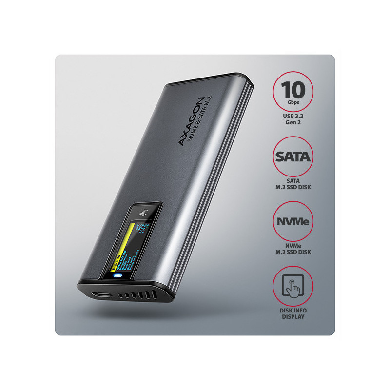 AXAGON EEM2-SD2 10Gbps USB-C - M.2 NVMe & SATA SSD kovový DISPLAY box, bezskrutkový