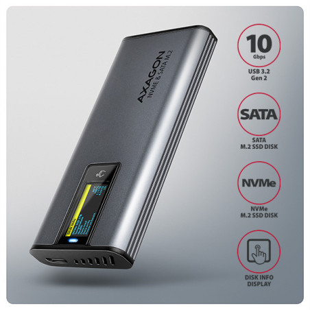 AXAGON EEM2-SD2 10Gbps USB-C - M.2 NVMe & SATA SSD kovový DISPLAY box, bezskrutkový