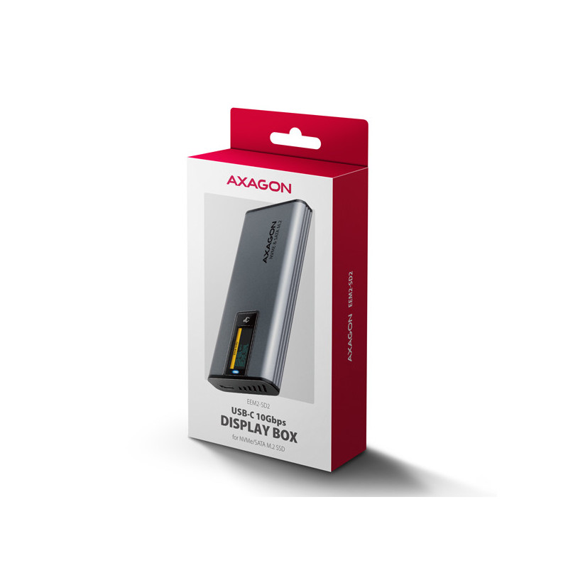 AXAGON EEM2-SD2 10Gbps USB-C - M.2 NVMe & SATA SSD kovový DISPLAY box, bezskrutkový