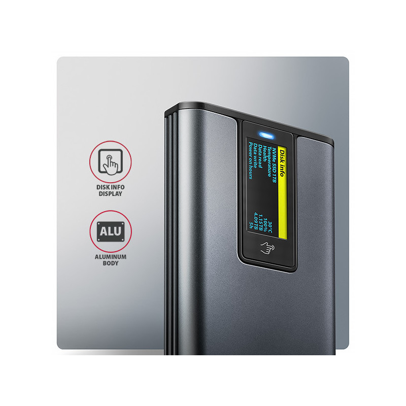 AXAGON EEM2-SD2 10Gbps USB-C - M.2 NVMe & SATA SSD kovový DISPLAY box, bezskrutkový