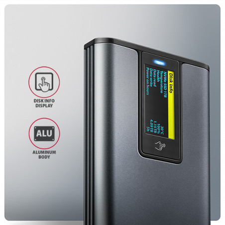 AXAGON EEM2-SD2 10Gbps USB-C - M.2 NVMe & SATA SSD kovový DISPLAY box, bezskrutkový