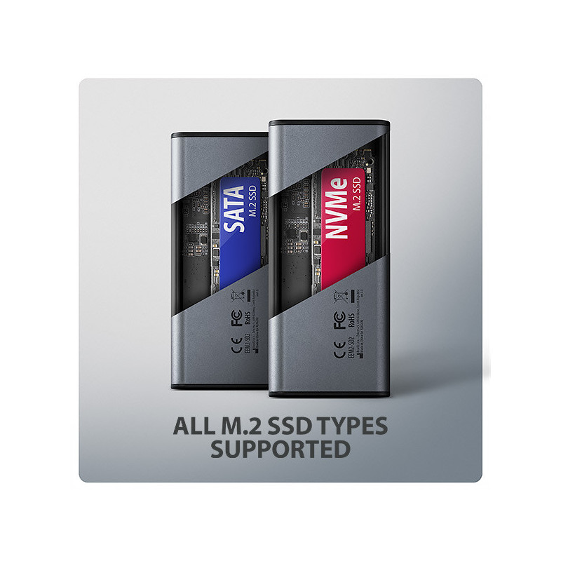 AXAGON EEM2-SD2 10Gbps USB-C - M.2 NVMe & SATA SSD kovový DISPLAY box, bezskrutkový