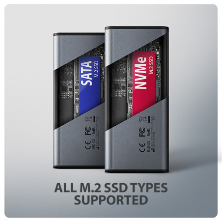 AXAGON EEM2-SD2 10Gbps USB-C - M.2 NVMe & SATA SSD kovový DISPLAY box, bezskrutkový