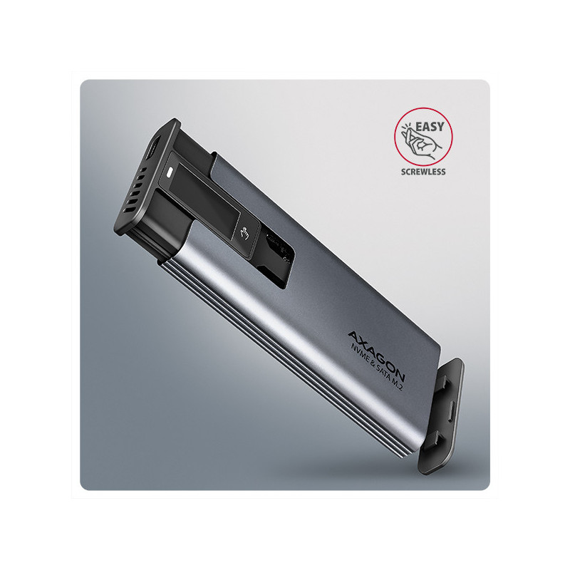 AXAGON EEM2-SD2 10Gbps USB-C - M.2 NVMe & SATA SSD kovový DISPLAY box, bezskrutkový
