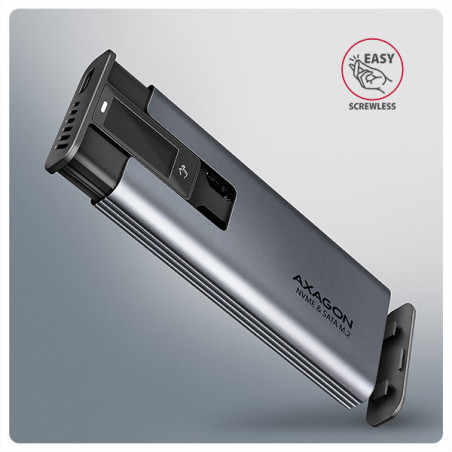 AXAGON EEM2-SD2 10Gbps USB-C - M.2 NVMe & SATA SSD kovový DISPLAY box, bezskrutkový