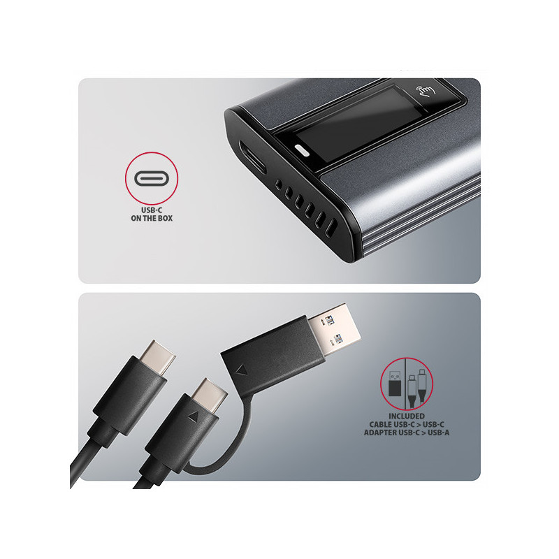 AXAGON EEM2-SD2 10Gbps USB-C - M.2 NVMe & SATA SSD kovový DISPLAY box, bezskrutkový
