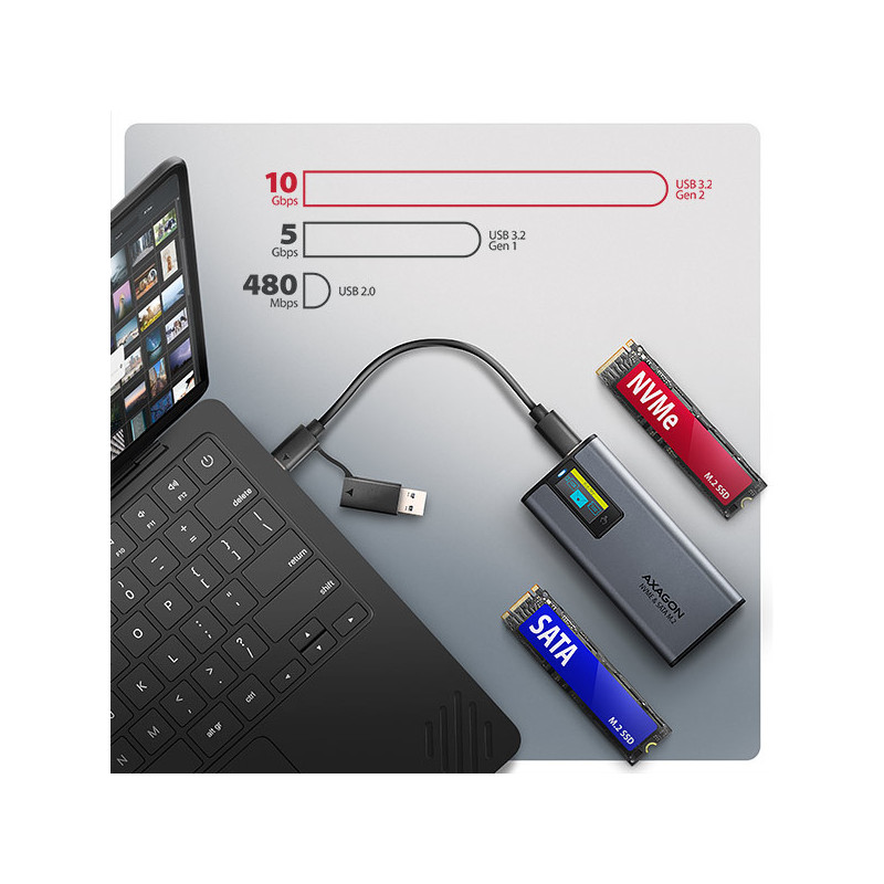 AXAGON EEM2-SD2 10Gbps USB-C - M.2 NVMe & SATA SSD kovový DISPLAY box, bezskrutkový