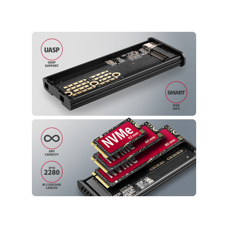 AXAGON EEM2-SD2 10Gbps USB-C - M.2 NVMe & SATA SSD kovový DISPLAY box, bezskrutkový