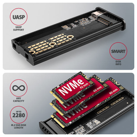 AXAGON EEM2-SD2 10Gbps USB-C - M.2 NVMe & SATA SSD kovový DISPLAY box, bezskrutkový