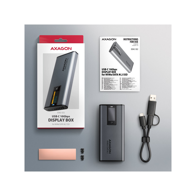 AXAGON EEM2-SD2 10Gbps USB-C - M.2 NVMe & SATA SSD kovový DISPLAY box, bezskrutkový