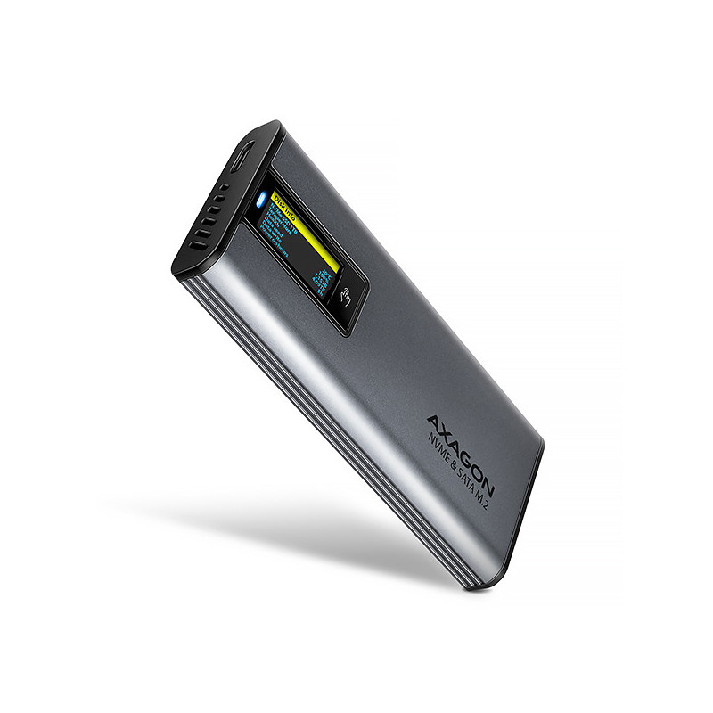 AXAGON EEM2-SD2 10Gbps USB-C - M.2 NVMe & SATA SSD kovový DISPLAY box, bezskrutkový