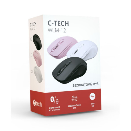 C-TECH WLM-12PK/Ergonomická/Optická/Pre pravákov/1 600 DPI/USB+BT/Ružová