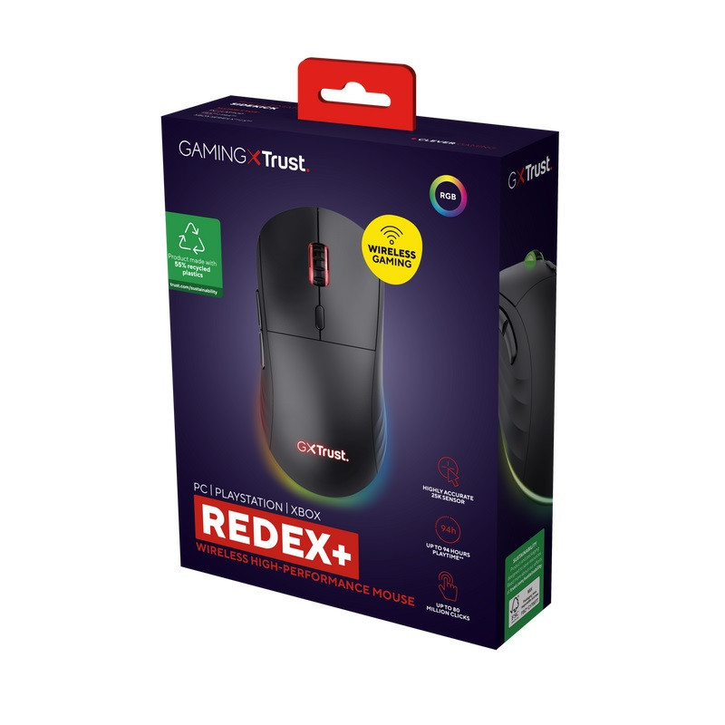 Trust GXT 927 REDEX+/Herná/Laserová/Pre pravákov/25 600 DPI/Drôtová+bezdrôtová/Čierna