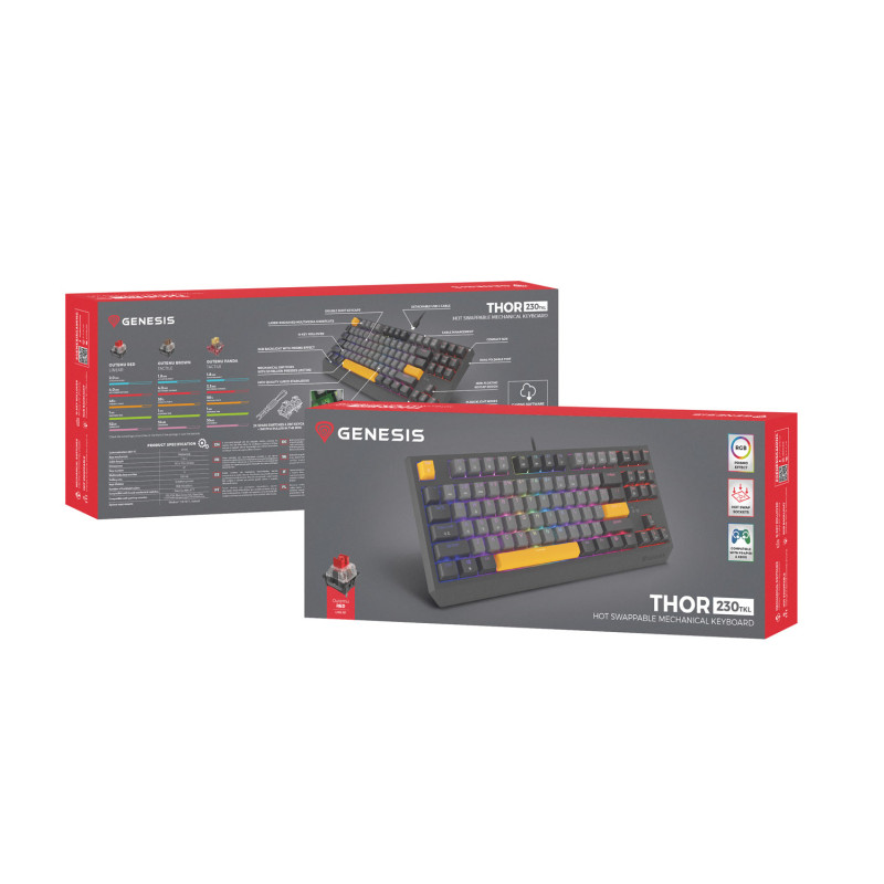 Genesis herná klávesnica THOR 230/TKL/RGB/Outemu Red/Drôtová USB/US layout/Anchor Negative Šedá