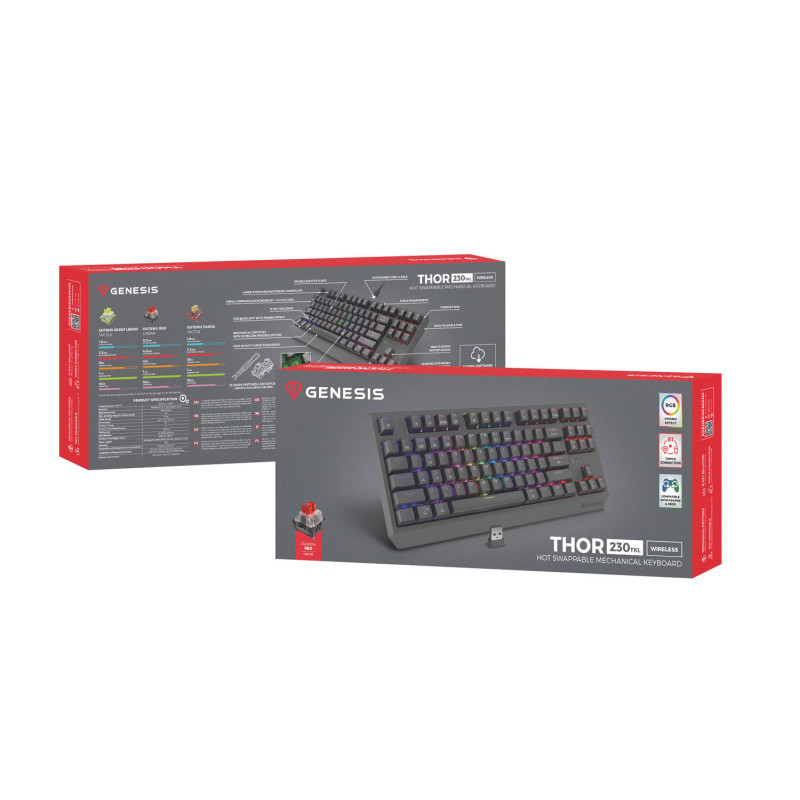 GENESIS herná klávesnica THOR 230/TKL/RGB/Outemu Red/Bezdrôtová USB + Bluetooth/US layout/Čierna