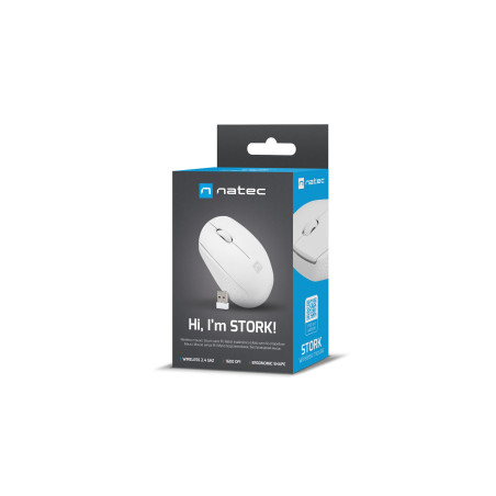 Myš Natec STORK/Kancelárska/Optická/1 600 DPI/Bezdrôtová USB/Biela