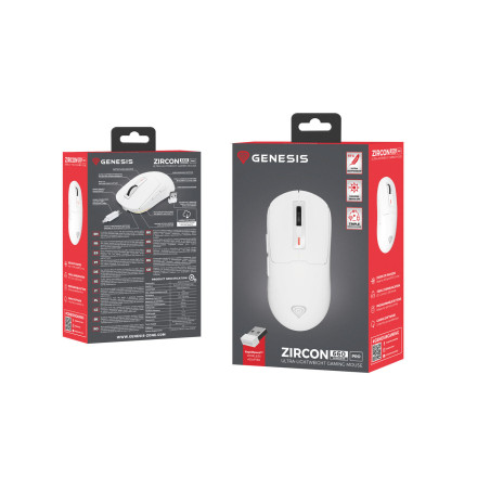 Genesis herná myš ZIRCON 660 PRO/Herná/Optická/Pre pravákov/26 000 DPI/Drôtová+bezdrôtová/Biela