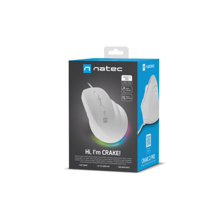 Vertikálna myš Natec CRAKE 2 PRO/Vertikálna/Optická/Pre pravákov/12 400 DPI/Drôtové USB-A/Biela
