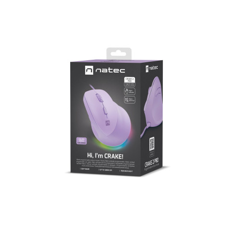Vertikálna myš Natec CRAKE 2 PRO/Vertikálna/Optická/Pre pravákov/12 400 DPI/Drôtové USB-A/Fialová