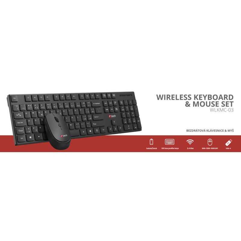 Klávesnice C-TECH WLKMC-03, bezdrátový combo set s myší, černý, USB, CZ/SK