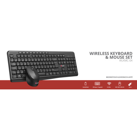 Klávesnice C-TECH WLKMC-04, bezdrátový combo set s myší, černý, USB, CZ/SK