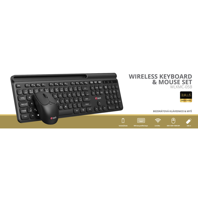 Klávesnice C-TECH Quallis WLKMC-05, bezdrátový combo set s myší, černý, USB, CZ/SK