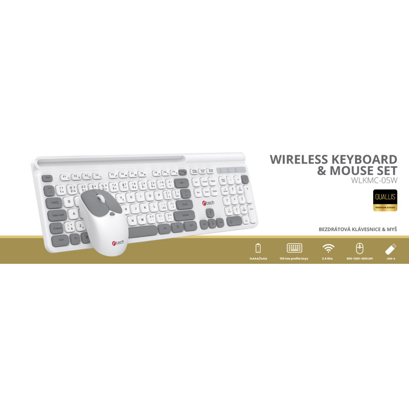 Klávesnice C-TECH Quallis WLKMC-05, bezdrátový combo set s myší, bílá, USB, CZ/SK