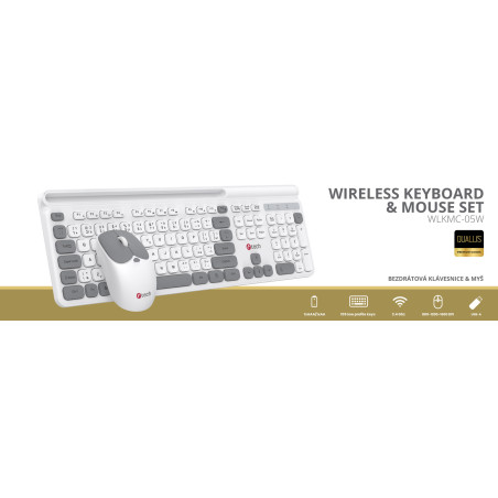 Klávesnice C-TECH Quallis WLKMC-05, bezdrátový combo set s myší, bílá, USB, CZ/SK