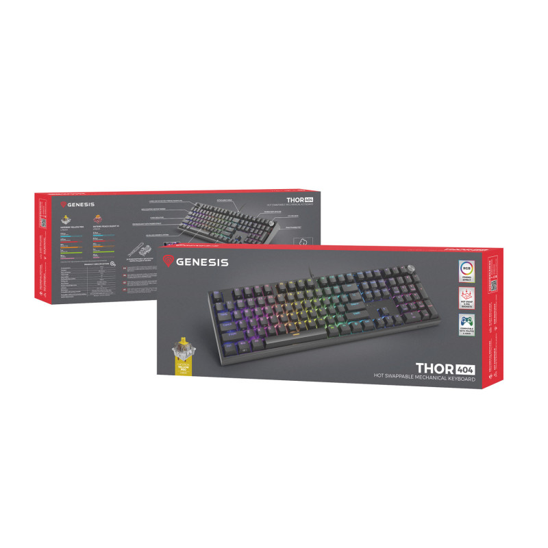 Herná mechanická klávesnica Genesis THOR 404/RGB/Gateron Yellow Pro/Drôtové USB-A/US layout/Čierna
