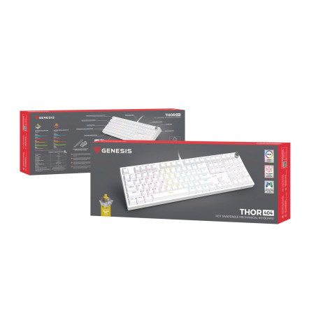 Herná mechanická klávesnica Genesis THOR 404/RGB/Gateron Yellow Pro/Drôtové USB-A/US layout/Biela
