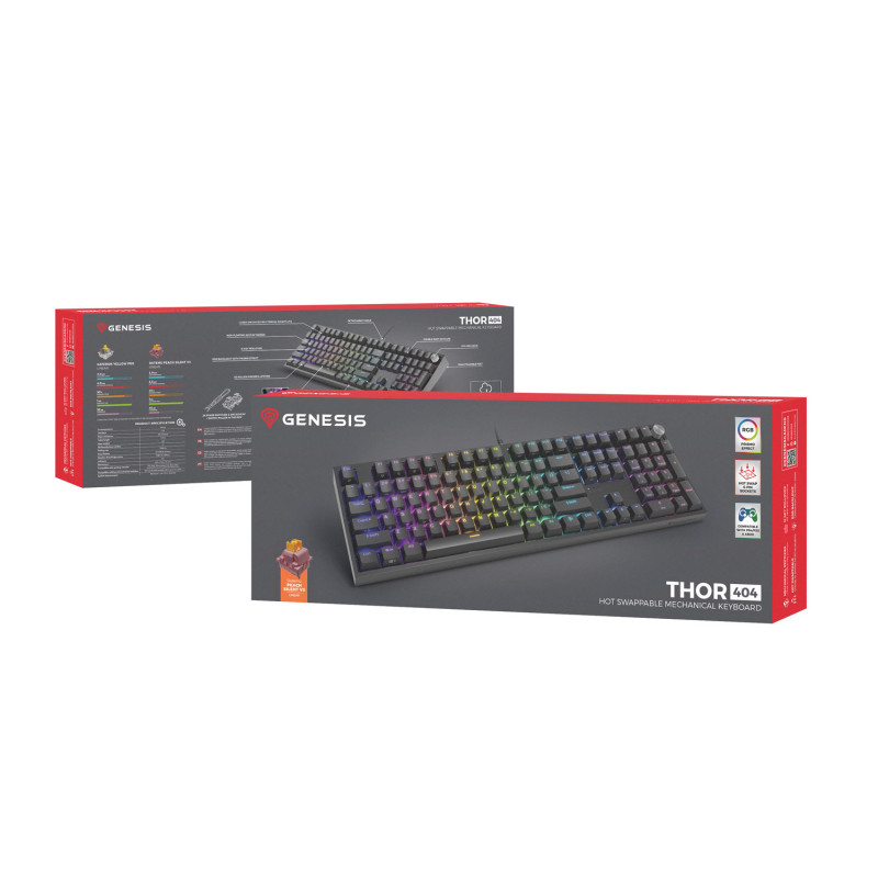 Herná mechanická klávesnica Genesis THOR 404/RGB/Outemu Peach Silent/Drôtové USB-A/US layout/Čierna