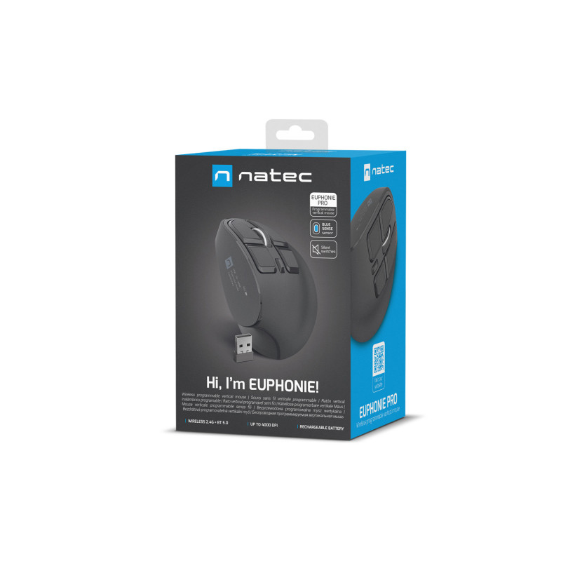 Vertikálna bezdrôtová myš Natec EUPHONIE PRO/Vertikálna/Optická/Pre pravákov/4 000 DPI/USB+BT/Čierna