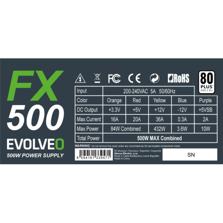 EVOLVEO FX 500, zdroj 500W ATX, 14cm, 80+, White, 3YRW