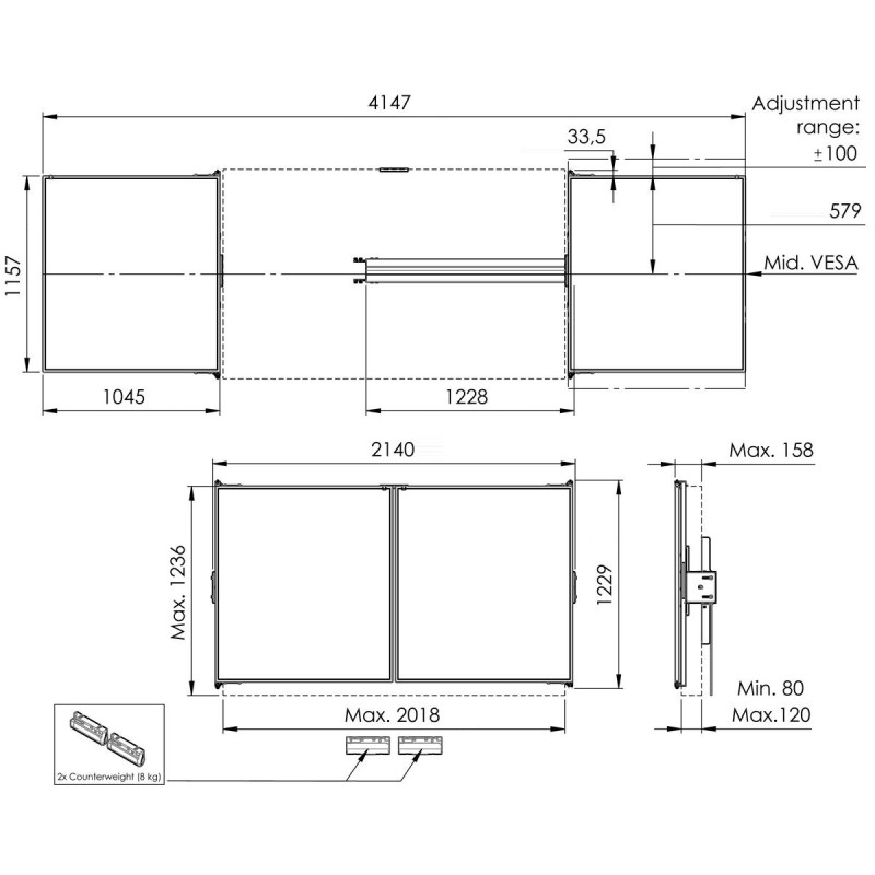 Vogel|s RISE WBS86M keramické tabule so závesmi pre 86" obrazovky na stojanoch RISE 5xxx