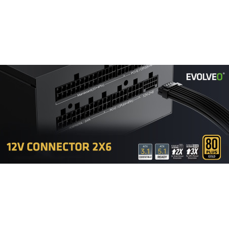 EVOLVEO G650, zdroj 650W, ATX3.1, 14cm, aPFC, 80 + GOLD, 3YRW