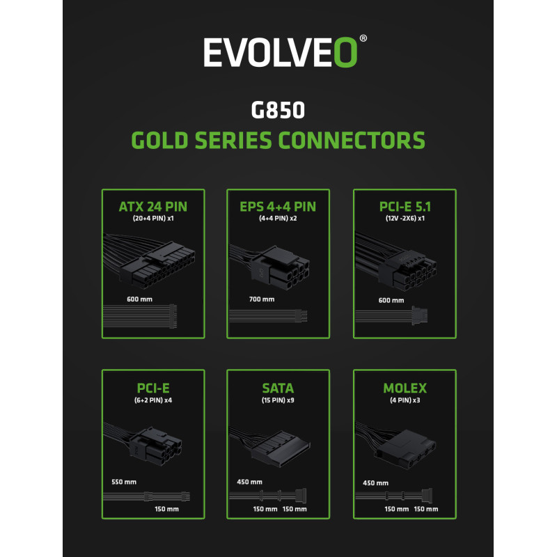 EVOLVEO G850,850W,ATX 3.1,14cm,aPFC,80+GOLD,3YRW