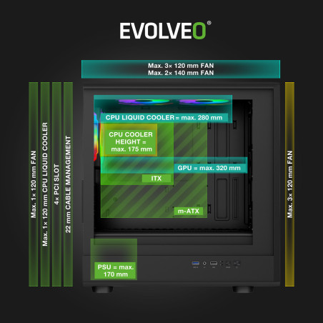 EVOLVEO Panthera, mATX/6x ARGB 120/drevo+sklo
