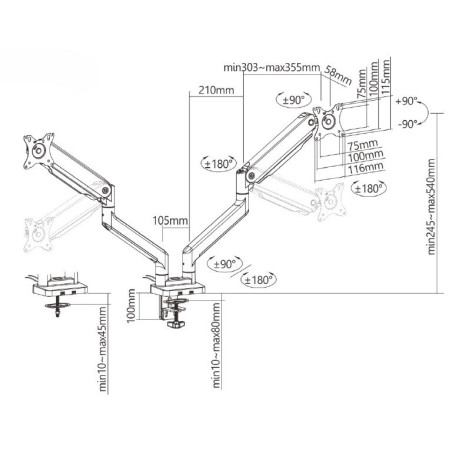 Držiak monitora Brateck LDT60-C024 dve ramená vedľa seba mechanická pružina Heavy Duty