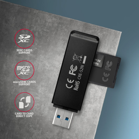 AXAGON CRE-S2N, USB-A 3.2 Gen 1 - SUPERSPEED čítačka kariet, 2-slot & lun SD/microSD, podpora UHS-I