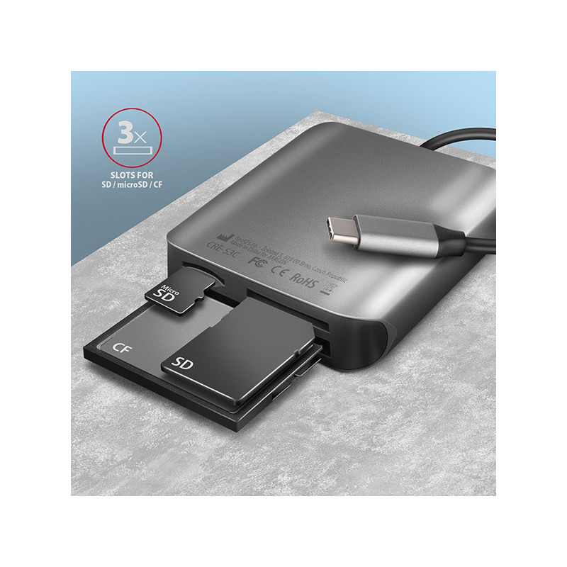 AXAGON CRE-S3C, USB-C 3.2 Gen 1 - SUPERSPEED čítačka kariet 3-slot & lun SD/microSD/CF, podpora UHS-II