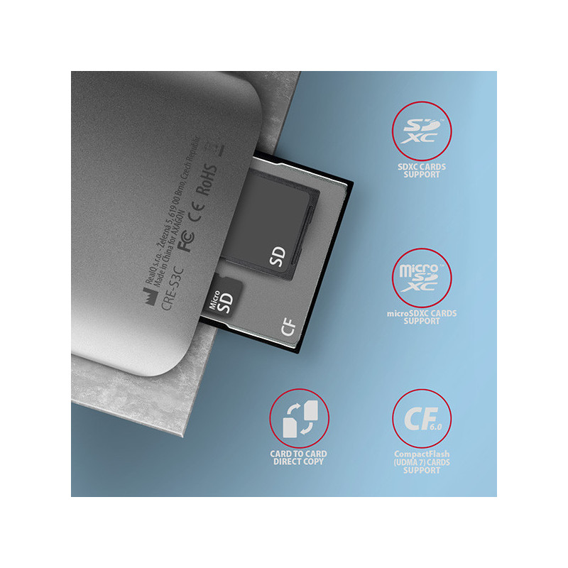 AXAGON CRE-S3C, USB-C 3.2 Gen 1 - SUPERSPEED čítačka kariet 3-slot & lun SD/microSD/CF, podpora UHS-II